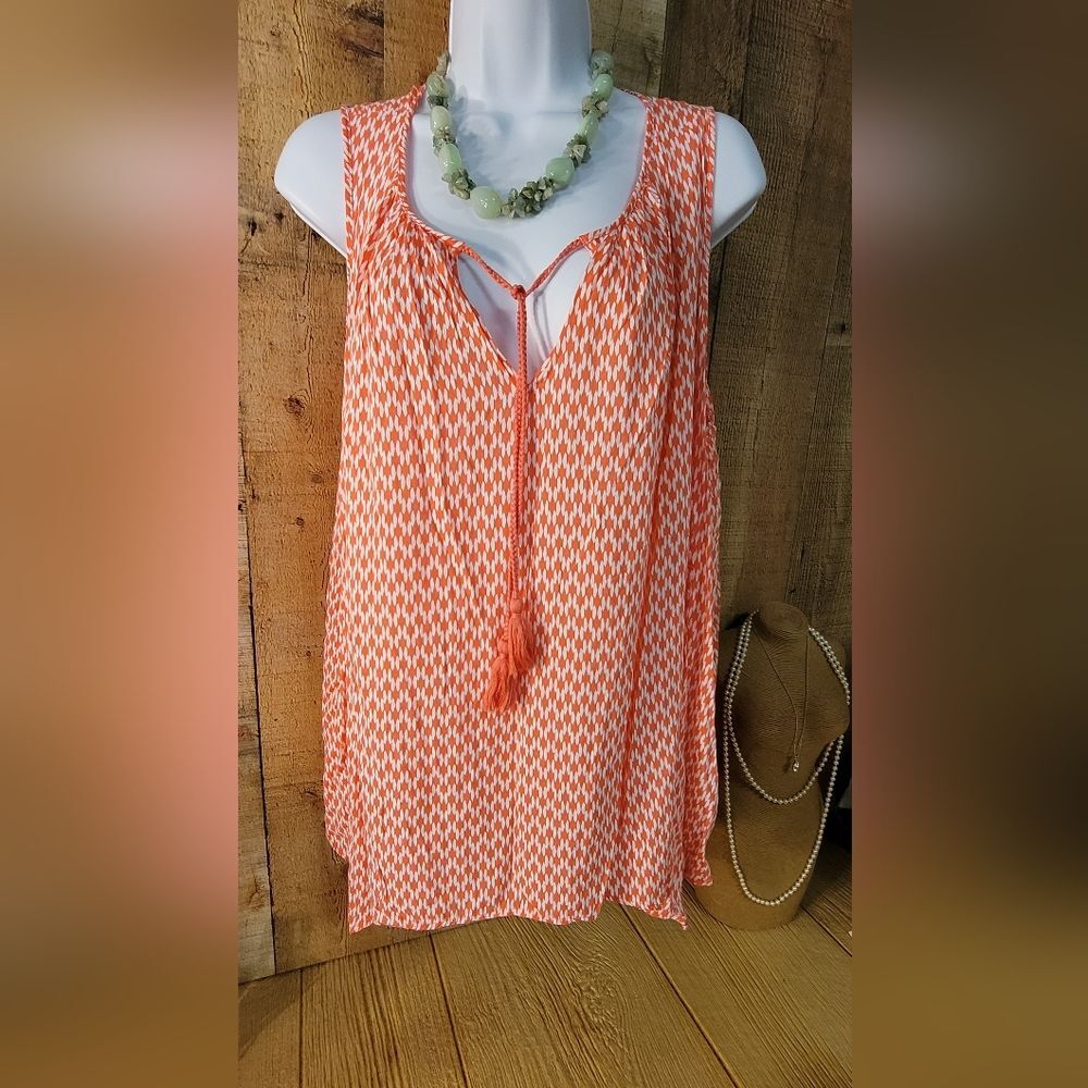 Orange and White Designed Tank Blouse with Tie Tassles